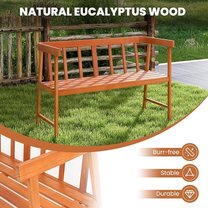 Tangkula Outdoor Eucalyptus Wood Bench, 2-Person Garden Bench with Backrest and Armrests, Garden Bench with Slatted Seat for Porch, Park, Backyard, 800 Lbs Max Load, 43” L x 18” W x 28” H, Natural