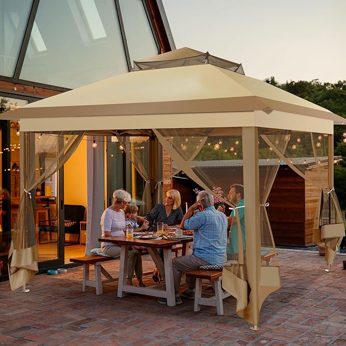 COBIZI 11x11 FT Pop up Gazebo Canopy Tent - Outdoor pop up gazebos on Clearance,carpas para Patio,Shelter - Screen Tents with Portable Carry Bag,Patio Gazebos for Camping,Garden,Deck,Backyard,Khaki