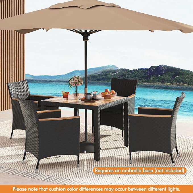 Tangkula 5 Pieces Rattan Outdoor Dining Set for 4, Outdoor Acacia Wood Table Set with 4 Cushioned Wicker Chairs, Umbrella Hole, Patio Dining Furniture Set for Deck Pool Backyard