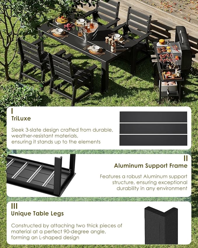 GREENVINES Outdoor Dining Table | 67’’ | HDPE | Rectangle Tables for 6 | All-Weather | Umbrella Hole | Patio Furniture | for Poolside Backyard Garden | Black