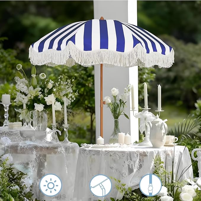 AMMSUN Boho Fringe Umbrella Outdoor Patio, 6.5ft UPF50+ Picnic Umbrella with Tassels with Steel Pole and Push Button Tilt, Navy Stripe