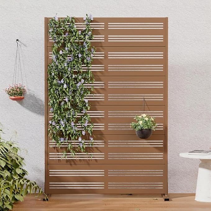 Casaphoria Metal Privacy Screen Outdoor, 72" H x 47" W Freestanding Decorative Privacy Screen for Patio Deck Balcony Garden with Stable Base, Brown-Harold