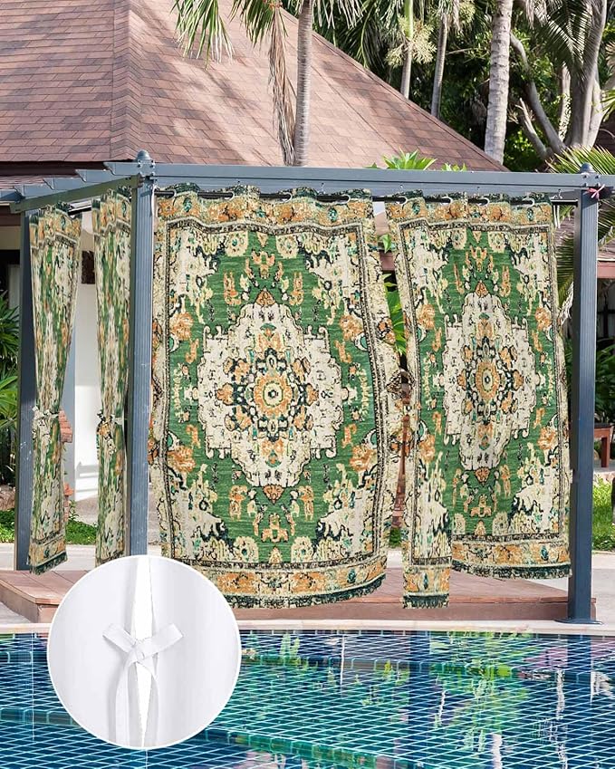 Ombre Green Boho Outdoor Curtains for Patio Waterproof, Grommet Privacy Curtain Drapes Weatherproof Outside Curtains for Porch GazeboPergola Cabana 2 Panel 54x108inch Vintage Ethnic Tribal Geometric