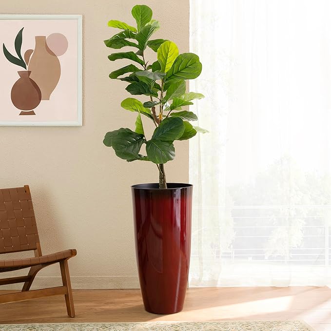 Glitzhome 30" H Oversized Tall Planter, Set of 2 Large Outdoor Planters with Drainage Holes, Gradient Red Faux Ceramic Finish, Large Flower Pots Plastic Plant Pots for Indoor Outdoor Front Door Patio
