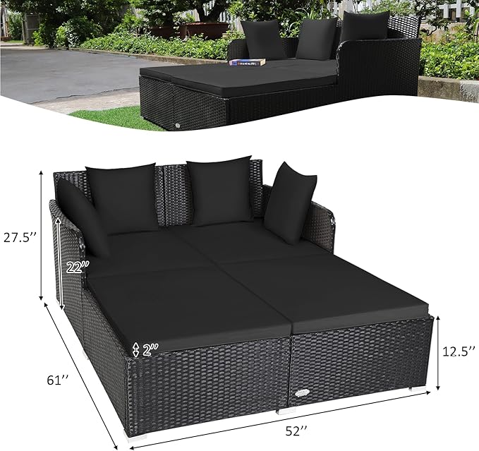 Tangkula Outdoor Rattan Daybed, Wicker Furniture with Spacious Seat, Upholstered Cushion & High-Resilience Sponge, Patio Sofa Set with 4 Pillows, 2-Person Sunbed for Poolside Backyard Garden & Balcony