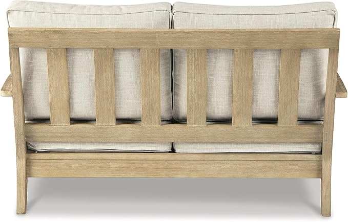 Signature Design by Ashley Clare View Coastal Outdoor Loveseat, Cushioned with Nuvella Fabric, Protective Finish, Eucalyptus Wood, 55.5" W x 35" D x 32" H, Beige