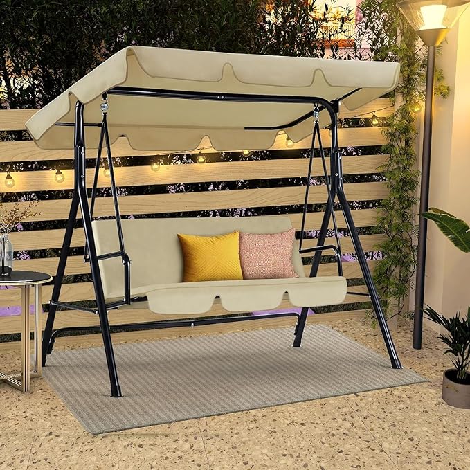 AECOJOY Porch Swing with Stand, 3-Seat Outdoor Clearance Porch Swings for Adults, Outdoor Patio Swing with Adjustable Canopy & Removable Cushion for Backyard, Garden, Balcony, Beige