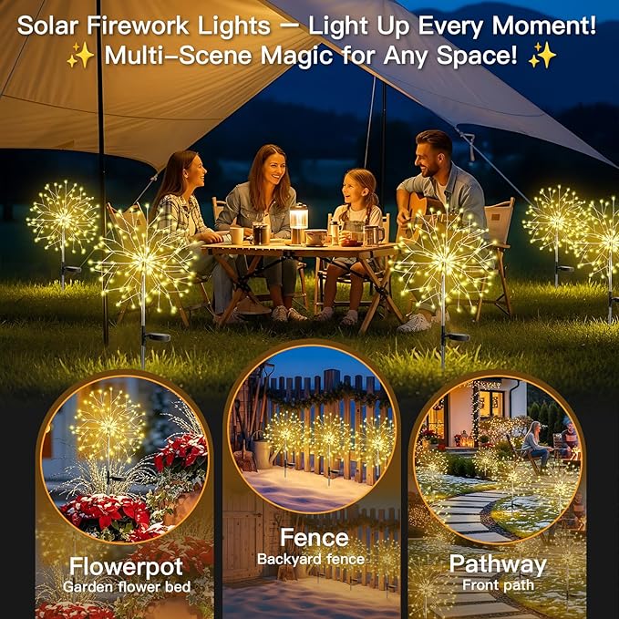 suddus Solar Garden Lights Outdoor Waterproof Decorative, Upgrade 2Pack 150LED Firework Lights, Solar Fairy Lights for Yard, Garden, Party, Patio, Pathway, Flowerbed - Warm White