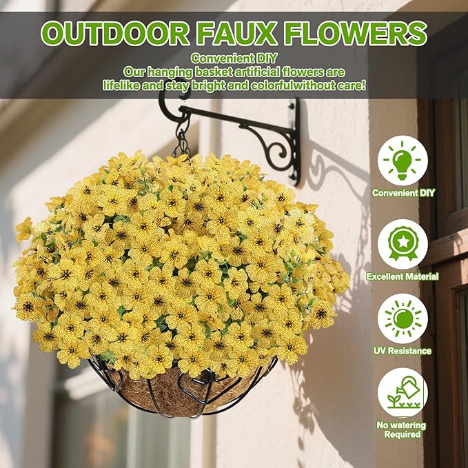 Artificial Flowers for Outdoor,Silk Flowers No Fade Fake Plastic Flowers UV Resistant Faux Plants for Outdoors Outside Front Porch Hanging Planter Window Box Garden Home Decoration,13 Pack(Yellow)