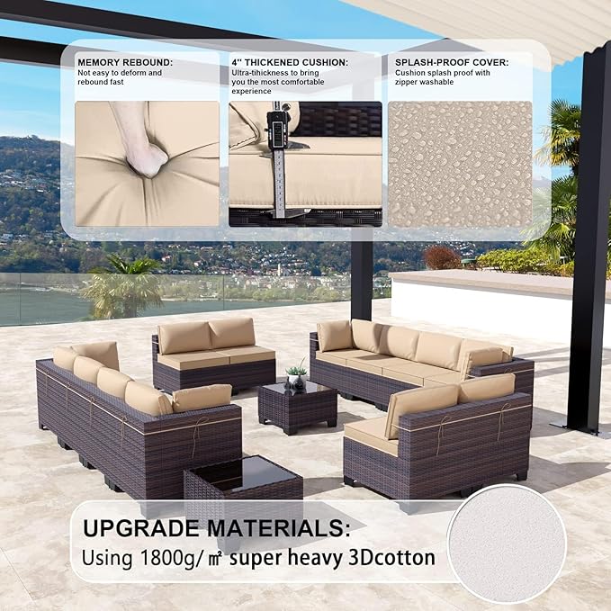 Kullavik 14 Pieces Outdoor Patio Furniture Set PE Wicker Rattan Sectional Sofa Patio Conversation Sets,Sand