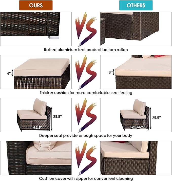Tangkula 5 Pieces Patio Rattan Furniture Set, Outdoor Sectional Rattan Sofa Set with Back & Seat Cushions, Wicker Conversation Set with Tempered Glass Table for Backyard Porch Poolside (Brown)