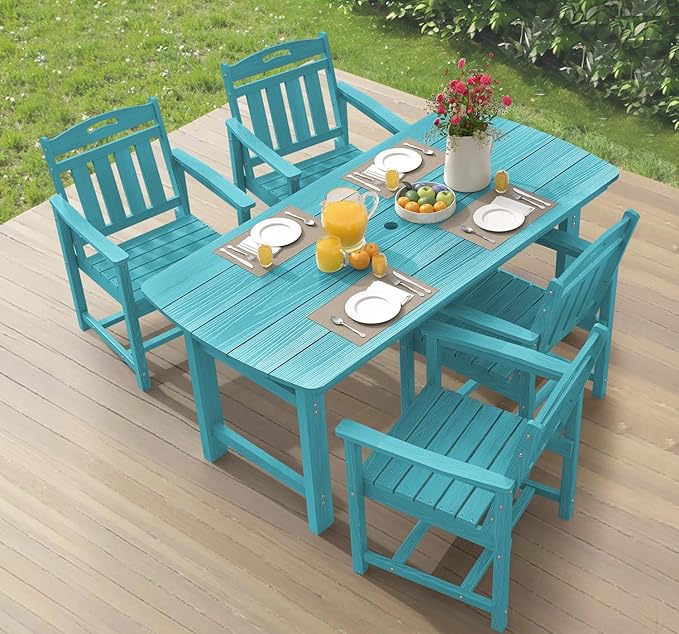 Ciokea HDPE Outdoor Dining Set, 5-Piece Patio Table and Chairs Set with Umbrella Hole, All-Weather Patio Dining Sets for 4, Durable Patio Furniture for Backyard, Garden, Lawn & Poolside, Lake Blue