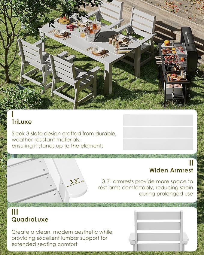 GREENVINES 5-Piece Outdoor Dining Set | HDPE | Patio Table and Chairs Sets for 4 | Patio Furniture | All Weather | Umbrella Hole | White | for Backyard Poolside Garden