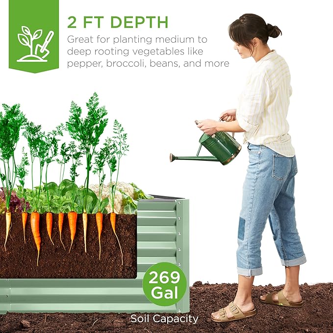 Best Choice Products 6x3x2ft Outdoor Metal Raised Garden Bed, Deep Root Box Planter for Vegetables, Flowers, Herbs, 269 Gallon Capacity, 100% Non Toxic Materials - Sage Green