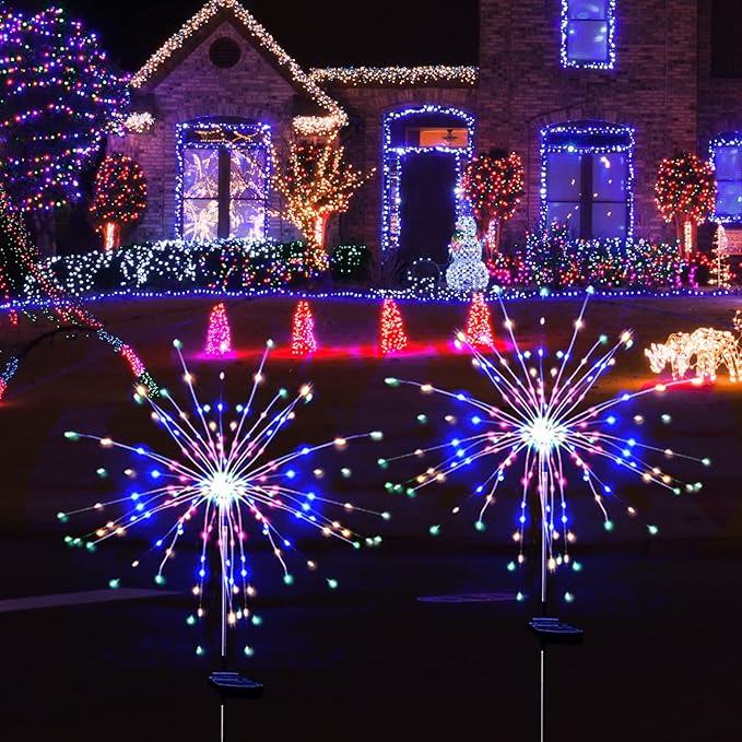 Solar Garden Lights for Outdoor Decor, Waterproof 2 Pack Solar Powered Firework Stake 120 LED Sparklers String Lights for Yard Pathway 4th of July Decorations(Colorful)