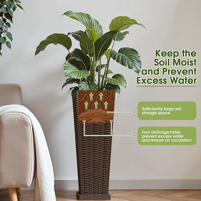 Devoko Resin Tall Planters with Tray for Outdoor Plants Set of 2, Large Taper Outdoor Planter Pots with 4 Drainage Holes, Flower Pots Modern Decor for Porch, Patio, Backyard, Garden(Brown, 24")