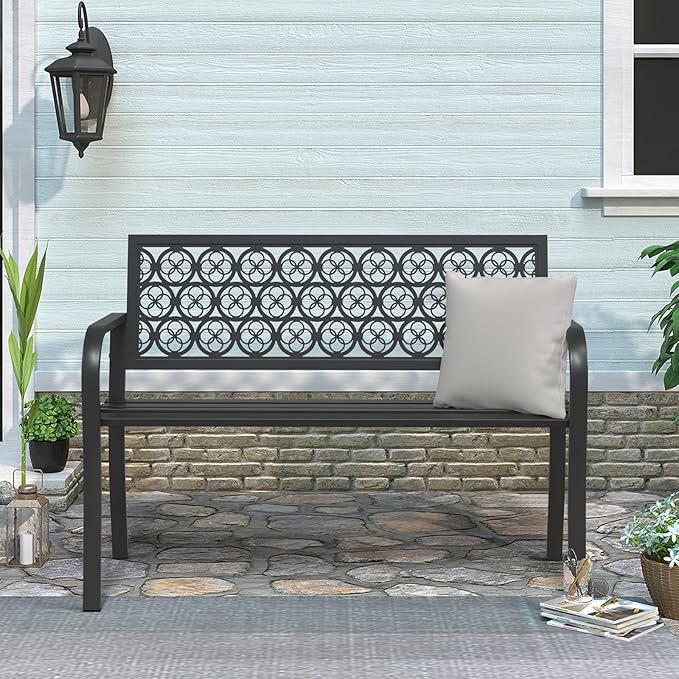 50" Outdoor Bench, Metal Weatherproof Garden Bench Cast Iron Heavy-Duty Patio Bench with Decorative Backrest for Proch Park 880lb Capacity