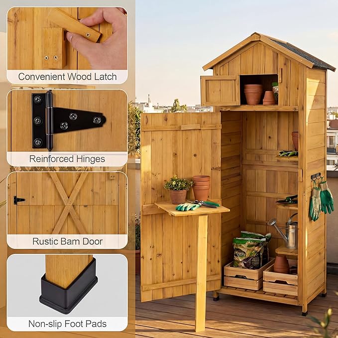 Goplus All-in-One Storage Shed, 70" Tall Wooden Lockable Cabinet w/Foldable Work Table, Vertical Utility Tool Organizer w/Shelves & Hooks, Waterproof Garden Shed for Patio Backyard (Natural)