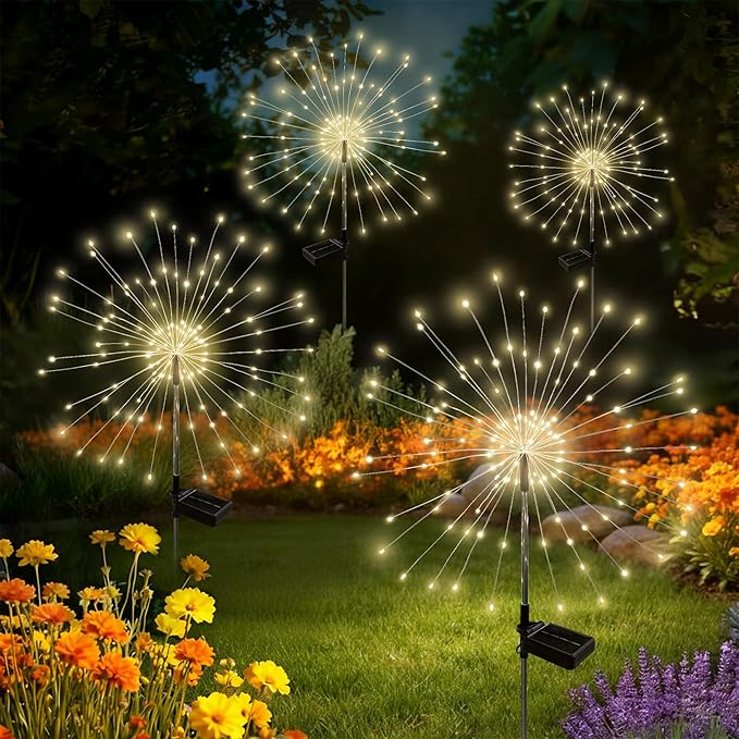 Solar Garden Lights Outdoor Decorative, 4pack 120 LED Firework Lights Waterproof，Solar Fairy Lights for Outside,Garden,Yard, Patio,Pathway,Flowerbed,Party(Warm White)