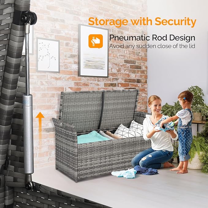 VINGLI 40 Gallon Outdoor Storage Bench with Cushion, Rattan Storage Box, Patio Wicker Deck Box with Seat for Garden | Balcony | Porch | Pool | Yard (Grey Frame + Light Grey Cushion)