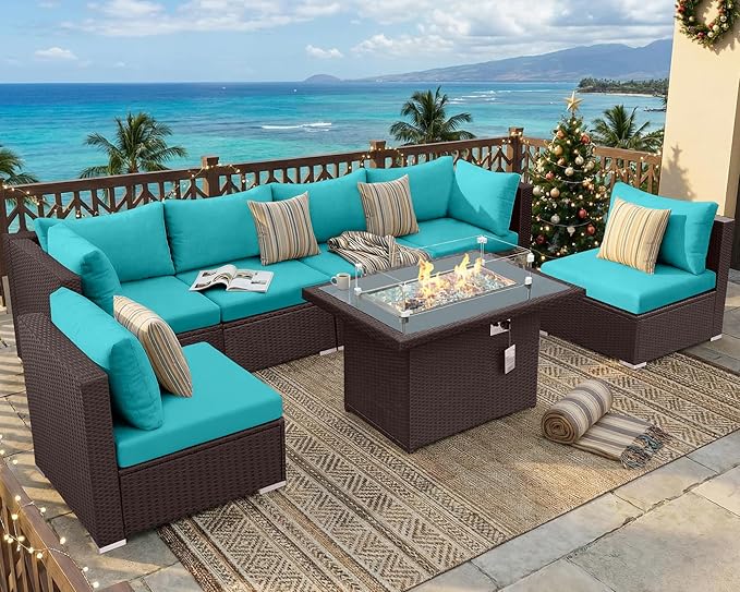 NICESOUL 7 Piece Outdoor Furniture Set with Firepit Natural Gas & Propane, Plus Size Big Modern Patio Conversation Couch, 29.3 High Back Comfy Sectional Sitting Group, Brown Rattan and Teal Cushoin