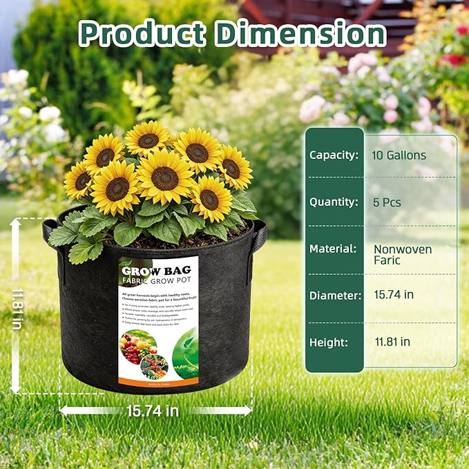 5 Pack 10 Gallon Thickened Grow Bags, Aeration Nonwoven Fabric Planting Bags with Handles, Heavy Duty 300G Garden Planter Pot for Tomato, Potato, Strawberry, Vegetable, Fruits and Flowers