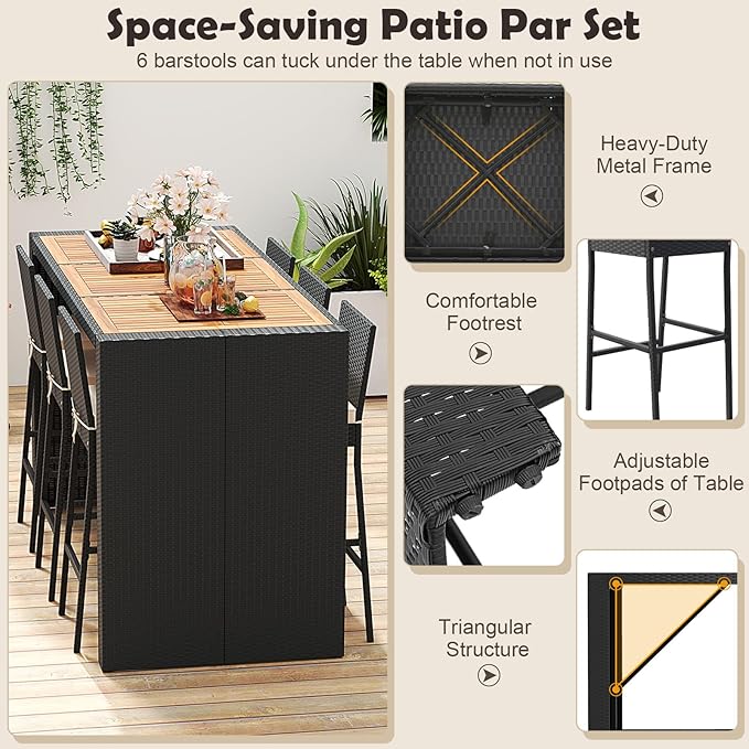 Tangkula 7 Piece Patio Wicker Bar Set, Patiojoy Outdoor Acacia Wood Bar Height Table & 6 Rattan Bar Stool Chairs with Backrest and Footrest, for Bistro Garden Balcony