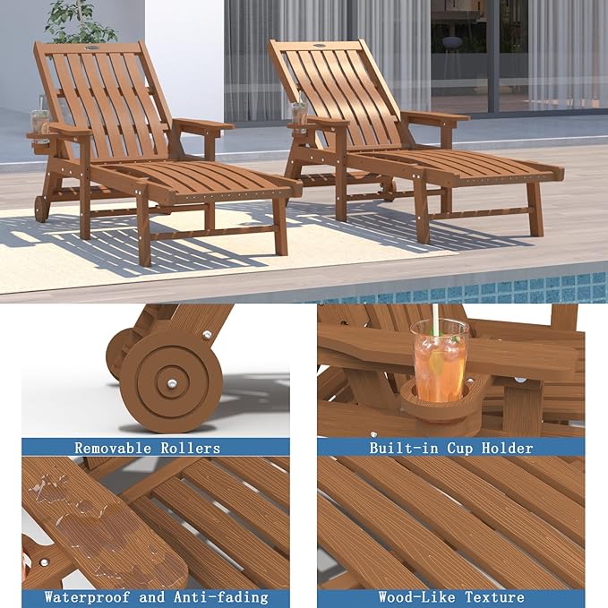 Patio Chaise Lounge Chair, Oversized Lounge Chair Outdoor with 5 Positions, HDPE, Patio Lounge Chair with Wheels & Cup Holder for Pool, Deck, Poolside,Wood