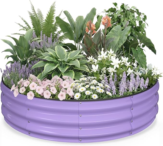 Kesfitt Round Raised Garden Bed, 4x4x1 FT Galvanized Steel Metal Garden Bed, Open-Bottom Design, 12-Inch Deep Outdoor Raised Garden Bed for Vegetables & Herbs, Lavender Purple