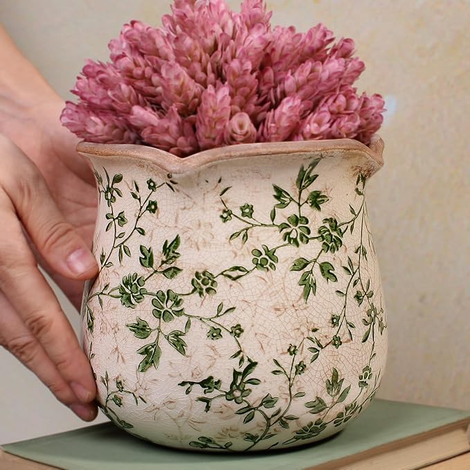 Vintage Ceramic 6.11'' Plant Pots, Decorative Vase for Indoor Garden, Room & Home Decor, Sage Beige