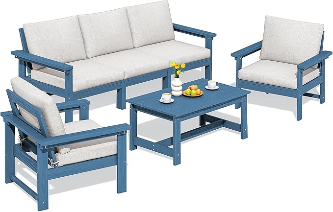 SERWALL HDPE Patio Conversation Set, 6-piece Sectional Outdoor Furniture Set, All Weather Outdoor Couch Set Patio Furniture Set for Deck, Lawn, Blue Frame with Beige Cushion