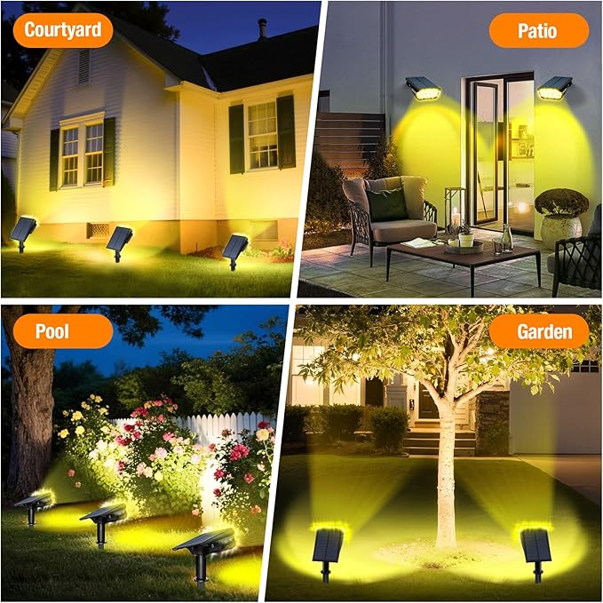 4 Pack Solar Spot Lights Outdoor 1000 Lumens, 64 LEDs IP67 Waterproof Landscape Lighting with 4 Modes - 2-in-1 Solar Spotlight & Pathway Light for Garden, Yard, Patio Decor, Warm White