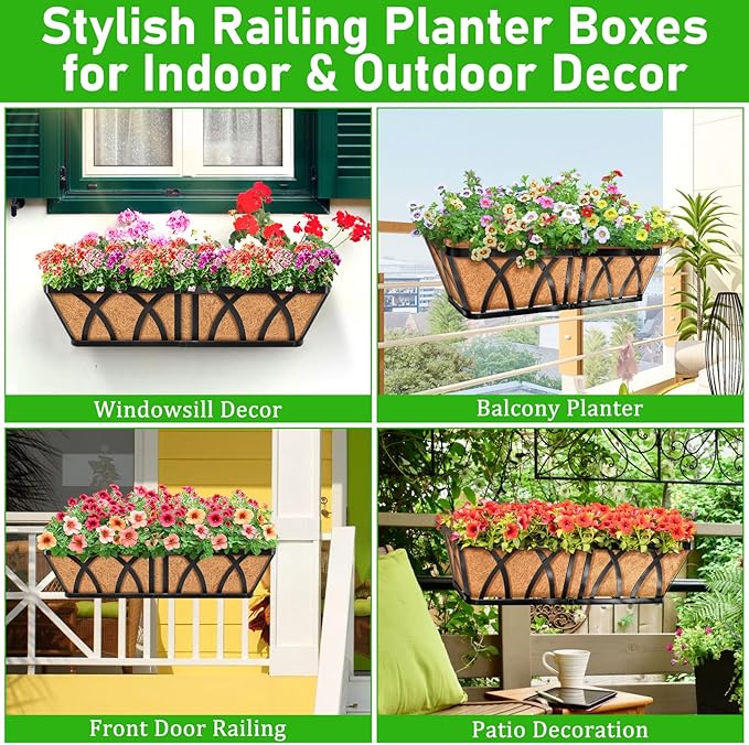 Riare 2 Pack 24 Inch Metal Railing Planter Window Box with Coco Liner- Adjustable Window Flower Boxes for Railings, Hanging Rail Planters for Deck, Balcony, Porch, Fence, Indoor Outdoor Plants