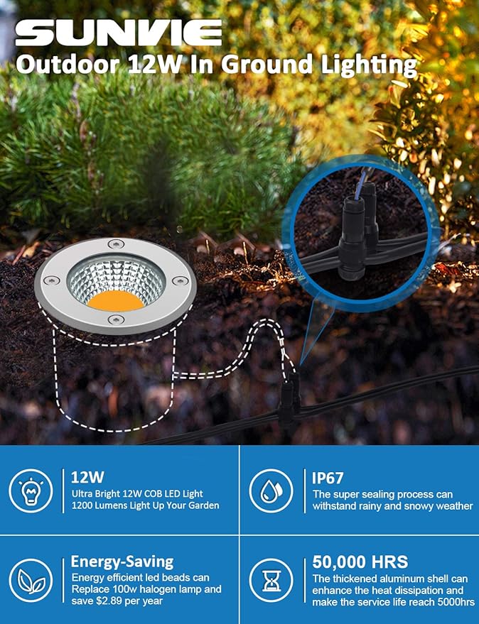 SUNVIE Low Voltage Landscape Well Lights with Wire Connectors, 12W LED, IP67 Waterproof Outdoor In-Ground Garden Lights 12V-24V Warm White for Pathway Driveway Deck (10 Pack & Connectors)