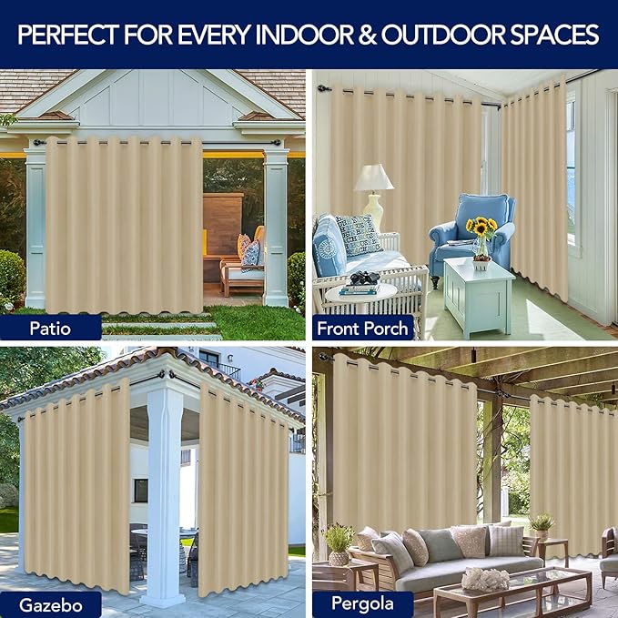 PureFit Outdoor Curtains for Patio Waterproof Weatherproof, UV Resistant Outside Curtains for Gazebo, Front Porch, Pergola, Sun Blocking Privacy Curtain, 120W x 84L inch, 1 Panel, Beige