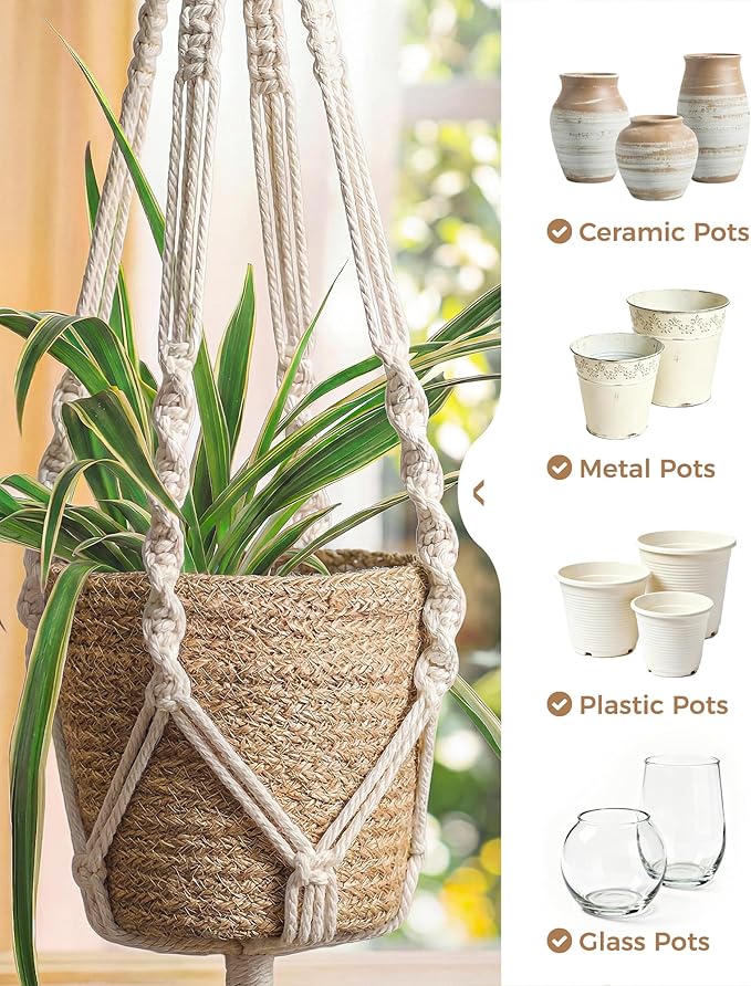 Bamworld Macrame Plant Hanger Indoor Hanging Planter for Plants Hanging Plant Basket Macrame Wall Hanging Planters Boho Decor Home Room Decor Aesthetic 36 Inches Ivory, Set of 2