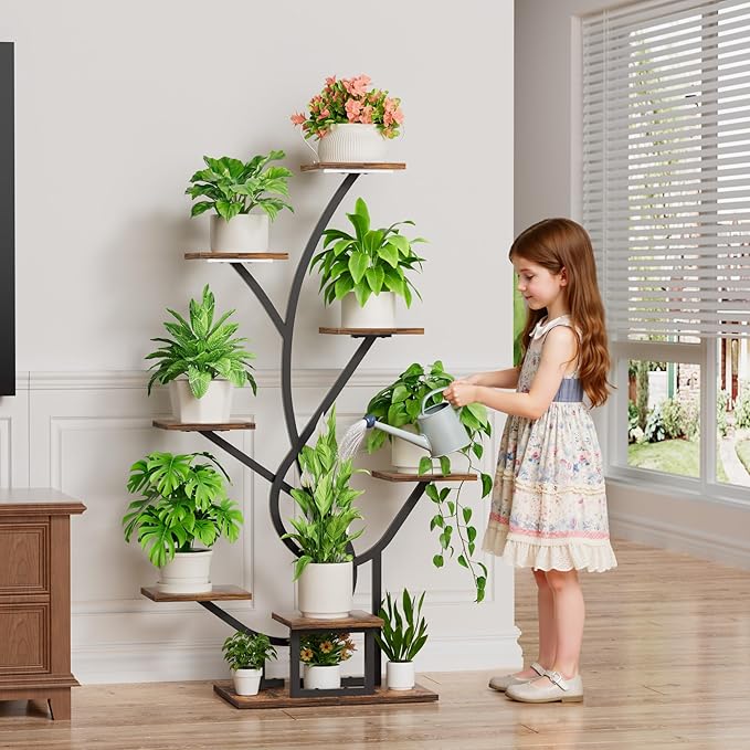 Plant Stand Indoor with Grow Lights - 8 Tiered Corner Plant Shelf Indoor, 50" Tall Lighted Plant Stand for Indoor Multiple Plants, Flower Stands Display Rack Holder for House, Patio, Black