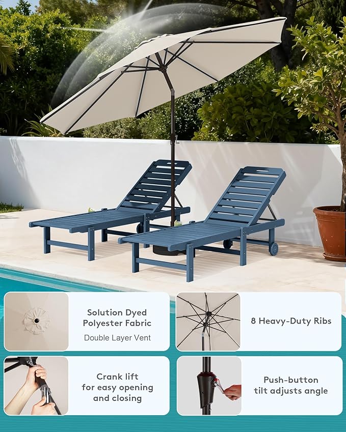 SERWALL Outdoor Chaise Lounge Set of 2 with 9FT Umbrella, HDPE Pool Lounge Chair with 5-Position Adjustable Backrest, Patio Lounger with Rolling Wheels & Cup Holder for Pool, Navy
