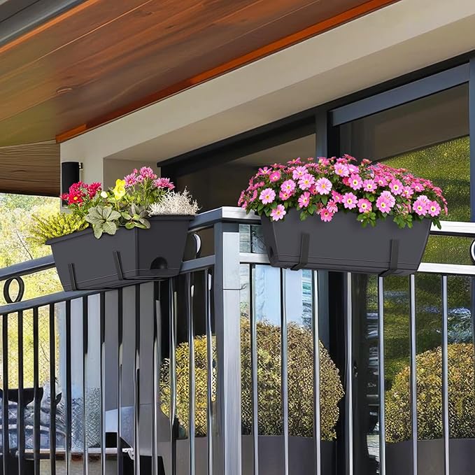 CADUKE Railing Planter Boxes 2 Pack Railing Flower Box with Adjustable Bracket 17 Inch Window Boxes Rectangle Window Deck Hanging Planters Boxes for Outdoor Patio, Gray