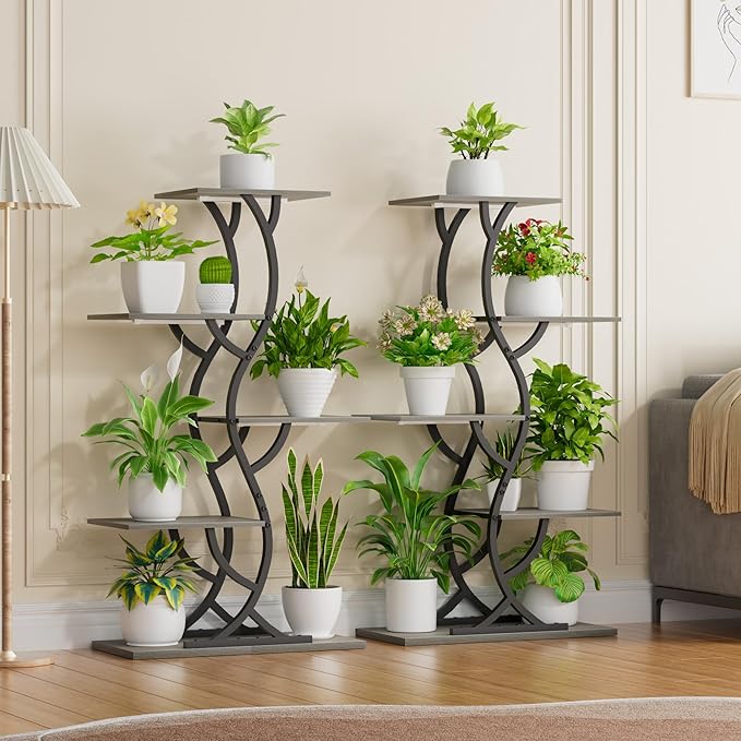 Plant Stand Indoor with Grow Lights - 44" Tall Corner Plant Stands for Indoor Plants, 5 Tiered Metal Plant Shelf, Curved Plant Flower Holder Dispaly Rack for Living Room, Home Patio Balcony (Gray)