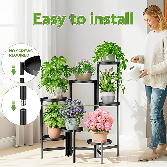 7 Tiered Metal Corner Plant Stand Indoor Outdoor, Tall Large Folding Rack with Rust Proof 7.9 Inch Wide Tray, Heavy Duty Flower Shelf for Multiple Plants for Patio - BlackDisk