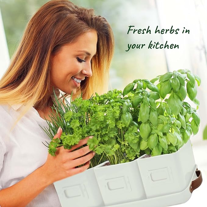 volila Herb Planter Indoor - Set of 3 Warmstone Indoor Herb Garden Pots for Plants with Leather Handled Tray - Window Sill Plant Shelf - Herb Pots with Drainage Holes and Labels