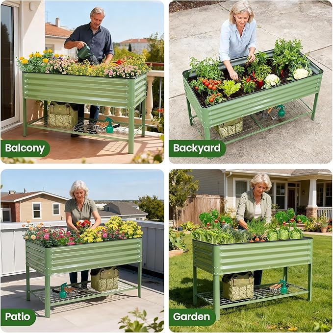 Elevated Raised Garden Bed 2' x 4'- Galvanized Metal Planter Boxes with Legs & Storage Rack, Outdoor Planters for Backyard/Patio/Balcony, with Drainage Holes for Vegetables, Flowers, Herbs, Green