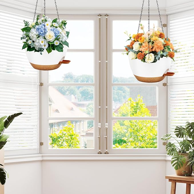 12 inch Hanging Planters for Indoor Plants, 2 Pack Self-Watering Hanging Planter Pots with Chain and Drainage Holes, Outdoor Plastic Hanging Baskets for Garden Home Decor