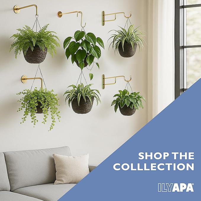 Ilyapa 3 Pack Metal Wall Plant Hangers - 7.5 Inch Plant Hanger for Indoor - Rustic Brass Finish Hooks for Hanging Plants, Baskets, and Macrame - Indoor Hangers for Plants, Lanterns or Wind Chimes