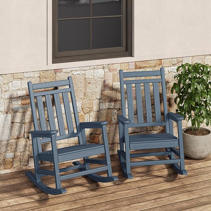 HDPE Rocking Chair Outdoor Set of 2 - Poly High Back Porch Rocker Chairs for Adults - All Weather Resistant Furniture for Patio Front Porch - Navy Blue