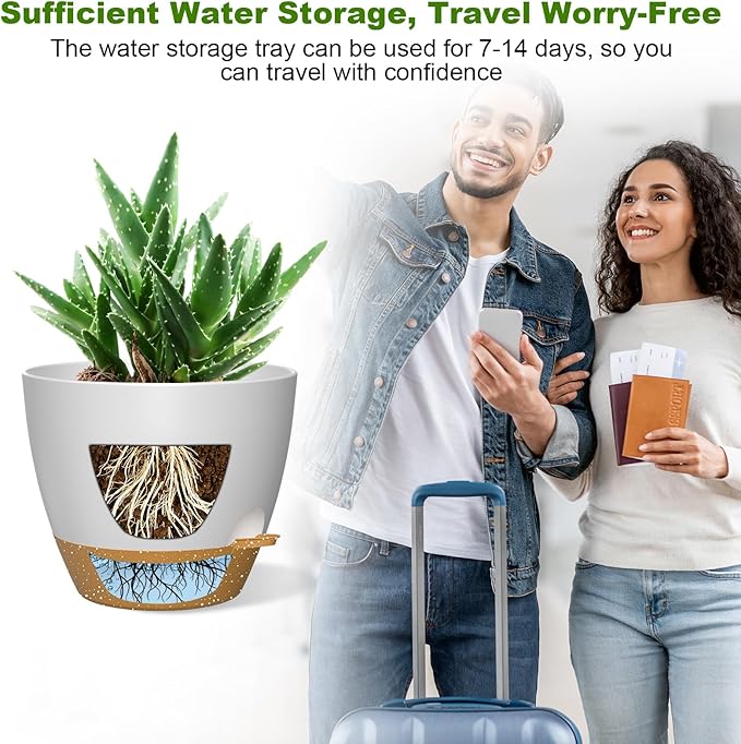 12 Inch Large Self Watering Pots, Flower Pots with Multi-Mesh Drainage Holes and Saucer, Planters for Indoor and Outdoor Garden Plants (White with Brown)