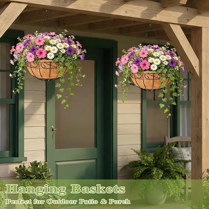4 Pack 14 Inch Hanging Baskets for Plants Outdoor Metal Hanging Planter Hanging Flower Baskets with Coco Fiber Liners Chain Round Wire Plant Holder Hangings Flower Pots(Plaid)