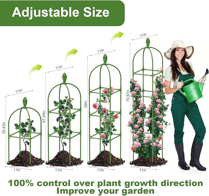 2 Pack Garden Obelisk Trellis, 70IN Tall Plant Support for Climbing Vine, Metal Covered Plastic Rustproof Heavy Duty Rose Trellis Indoor Outdoor (Green, 70 * 11.8 * 11.8IN（H*W*L）)
