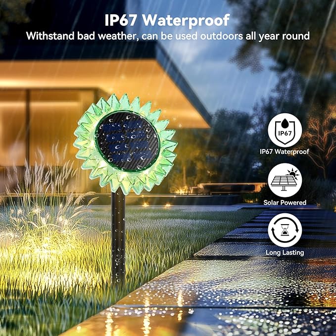 Outdoor Solar Lights, 4 Pack Led Solar Sunflower Lights, Stake/Wall 2-in-1 Waterproof Solar Garden Lights for Yard, Landscape, Fence, Patio, Driveway, Pathway, Backyard Decoration (Warm White)